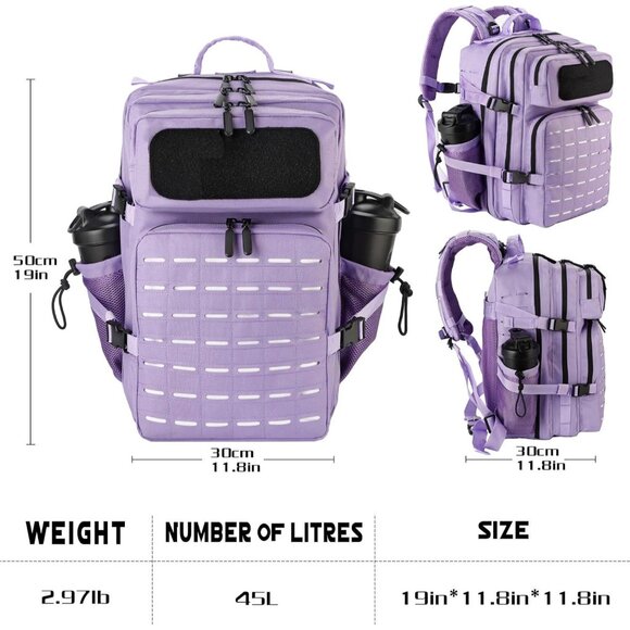 45L Tactical Backpack Molle Bag Lavender Water-Resistant Heavy-Duty Nylon Large - Picture 6 of 6